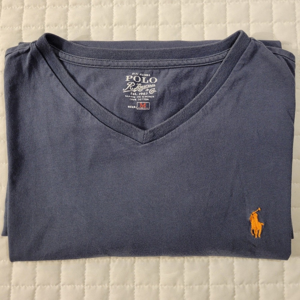Polo Ralph Lauren Mens Cotton Size M V-Neck T-Shirt Navy Blue Orange Pony Basic
